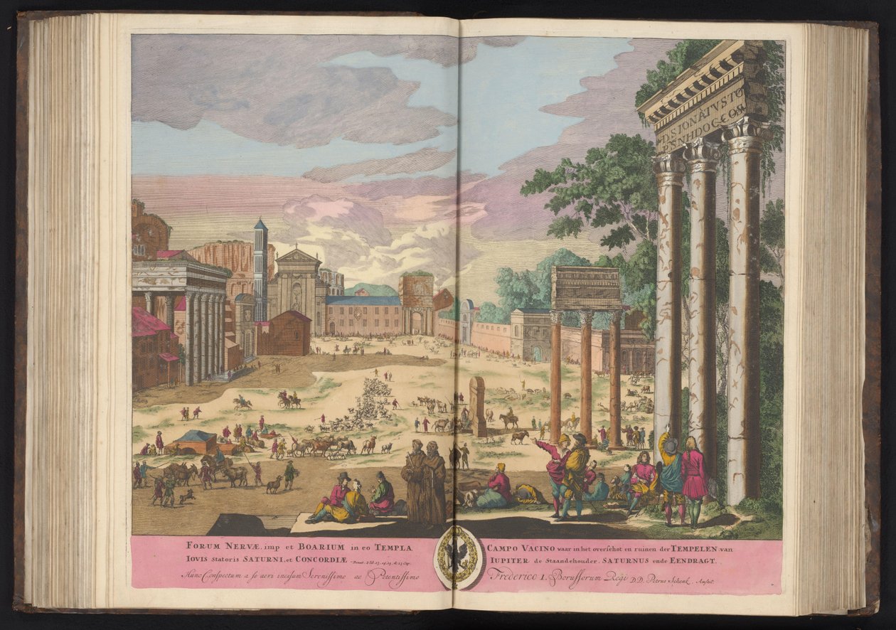 Forum Romanum Roomassa Nervan foorumi, imp ja Boarium siinä Jupiterin temppeli Staattori Saturnus ja Concord (...) (otsikko esineessä) tekijältä Pieter Schenk (I)