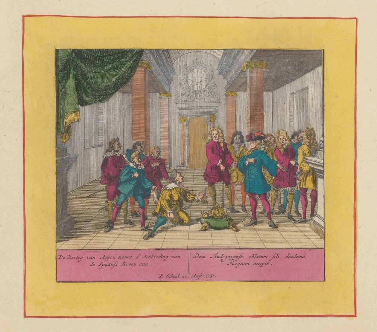 Anjoun herttua Philip hyväksyy Espanjan kruunun 1700 Anjoun herttua hyväksyy Espanjan kruunun tarjouksen (...) (otsikko esineessä) Sotateatteri, kuningas Kaarle II:n alku. Kuningas Kaarle III:een asti. Olemassa IX tekijältä Pieter Schenk (I)