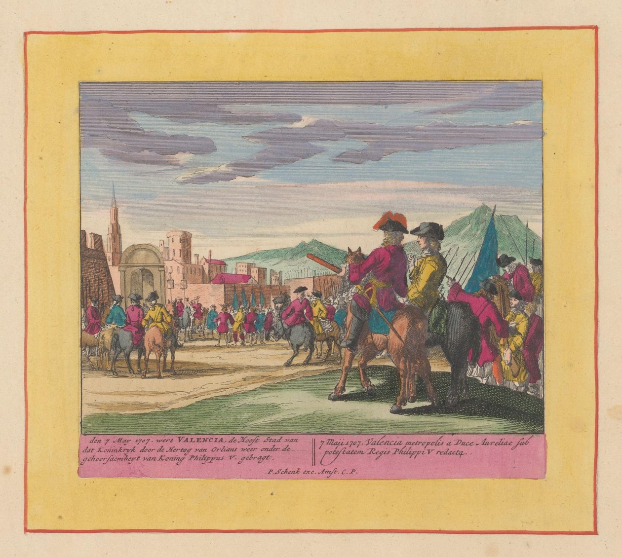 Valencian valtaus, 1707 Sotateatteri, kuningas Kaarle II:n alku. Kuningas Kaarle III:een asti. Olemassa IX. Historiallisia hahmoja norsunlehdellä taisteluina, piirityksiä vesillä ja Landessa tärkeimpien linnoitusten kanssa tekijältä Pieter Schenk (I)