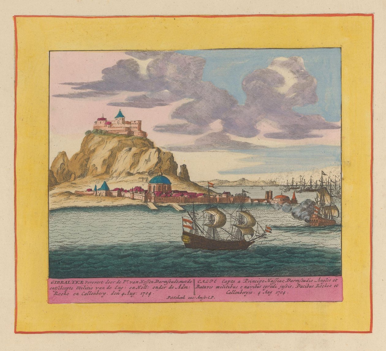 Anglo-hollantilaisen laivaston Gibraltarin valtaus, 1704 Pr. valloitti Gibraltar. van Hesse Darmstadt, maihinnousun Eng-miliisin kanssa: en Holl: Adm:n alla: Rooke ja Callenberg den 4. elokuuta 1704 (...) (otsikko esineessä) Teatteri tekijältä Pieter Schenk (I)