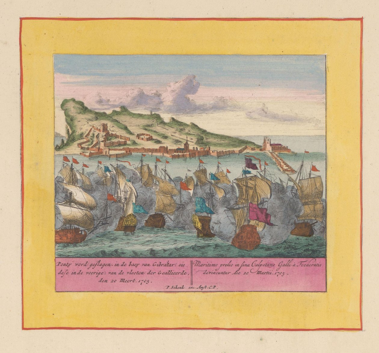 Gibraltarin meritaistelu 1705 Ponty lyötiin liittoutuneiden laivastojen Gibraltarin lahdella (sie dese edessä), den 20 Meert, 1705 (otsikko esineessä) Sotateatteri, kuningas Kaarle II:n alku. Nähdään King Karel luolassa tekijältä Pieter Schenk (I)