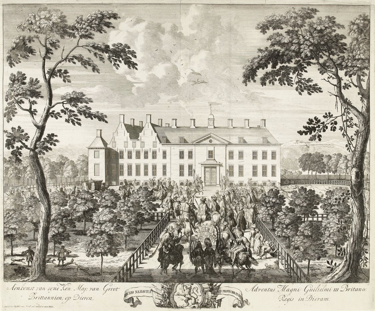 Vilhelm III:n saapuminen metsästysmajaan, Hof te Diereniin, 1691. tekijältä Pieter Schenk