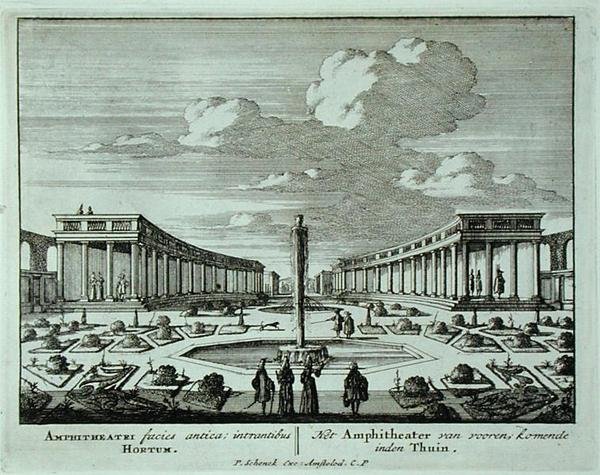 Klassinen amfiteatteri puutarhassa, "Admirandorum Quadruplex Spectaculum", kirjoittanut Jan van Call (1656-1703), julkaistu ennen vuotta 1715 (kaiverrus) tekijältä Pieter Schenk