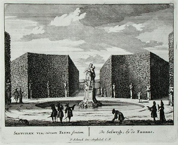Kuusikulmainen pensasaita faun-suihkulähteen vieressä, "Admirandorum Quadruplex Spectaculum", kirjoittaja Jan van Call (1656-1703), julkaistu ennen vuotta 1715 (kaiverrus) tekijältä Pieter Schenk