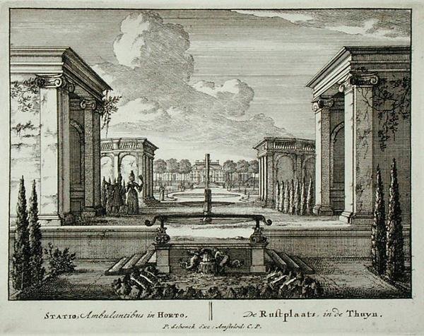 Lepopaikka puutarhassa, Jan van Callin (1656-1703) teoksesta "Admirandorum Quadruplex Spectaculum", julkaistu ennen vuotta 1715 (kaiverrus) tekijältä Pieter Schenk