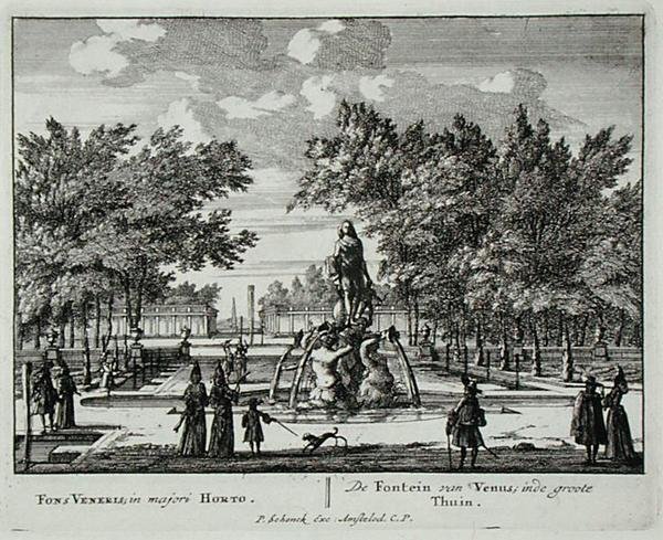 Venuksen lähde suuressa puutarhassa, Jan van Callin (1656-1703) Admirandorum Quadruplex Spectaculumista, julkaistu ennen vuotta 1715 (kaiverrus) tekijältä Pieter Schenk