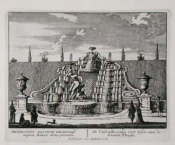 Kaskadi itämaisessa puutarhassa, Jan van Callin (1656-1703) Admirandorum Quadruplex Spectaculumista, julkaistu ennen vuotta 1715 (kaiverrus) tekijältä Pieter Schenk