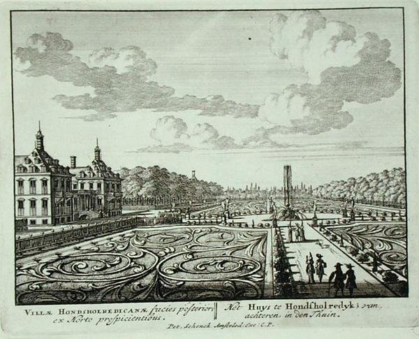 Puutarha Honsholredykissä, Jan van Callin (1656-1703) teoksesta "Admirandorum Quadruplex Spectaculum", julkaistu ennen vuotta 1715 (kaiverrus) tekijältä Pieter Schenk