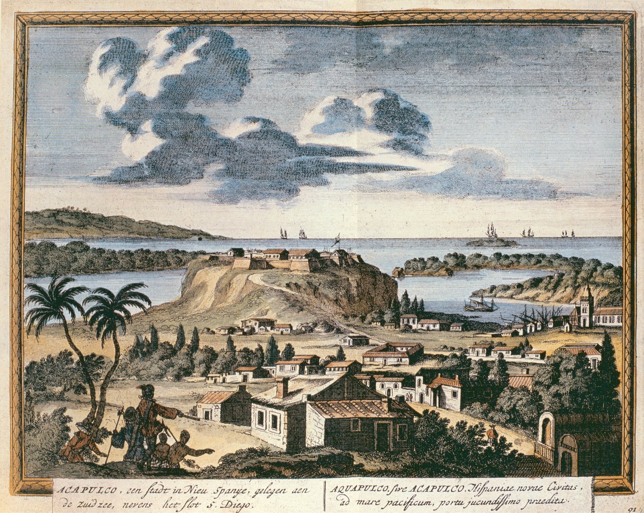 Näkymä Acapulcosta, kuvitus "Hectomopoliksesta", julkaistu Amsterdamissa vuonna 1700 tekijältä Pieter Schenk