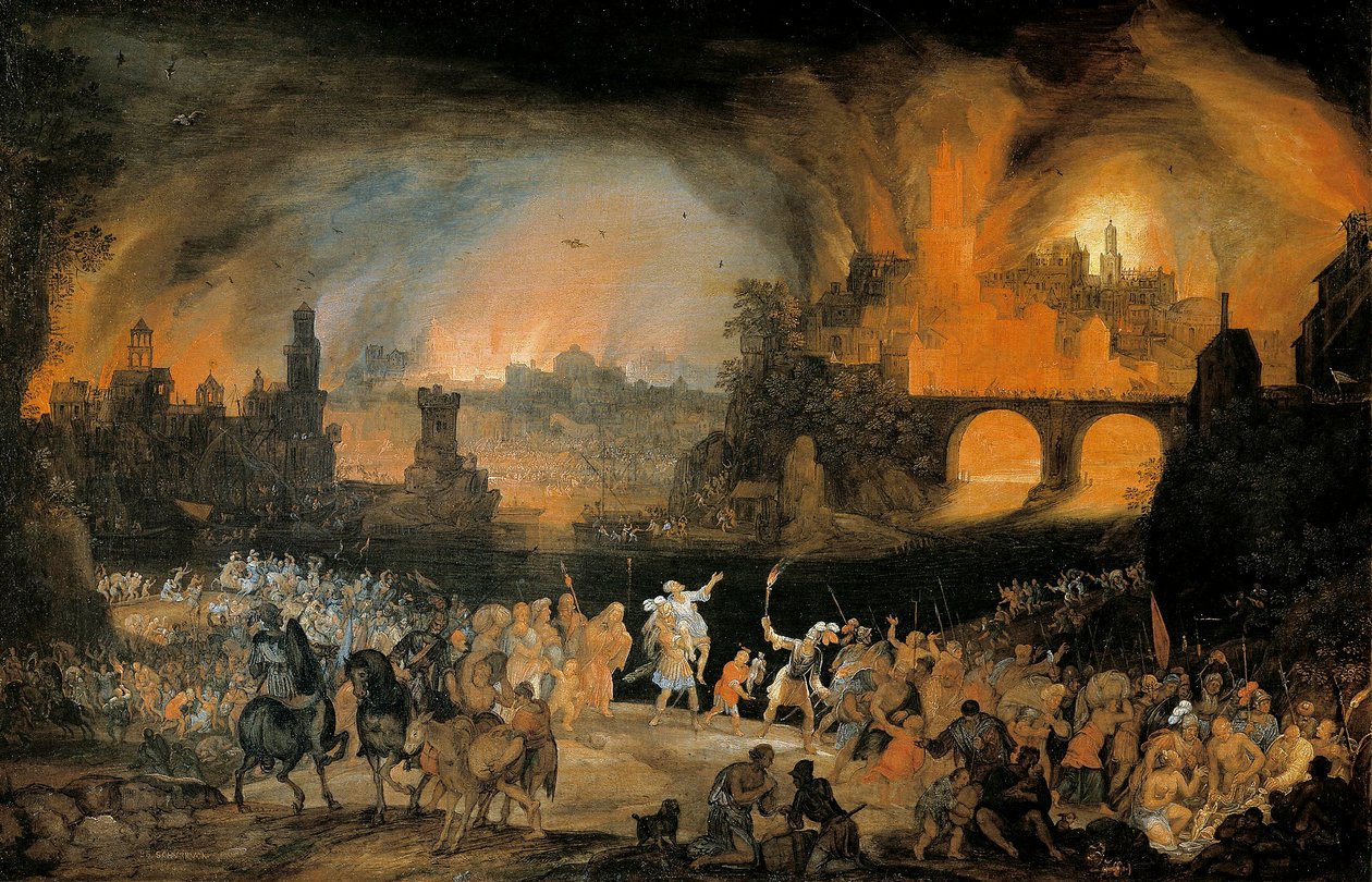 Troijan kaupungin polttaminen. Pieter Schoubroeckin (1570-1607) maalaus. 1606. Kunsthistorisches Museum Wien Itävalta tekijältä Pieter Schoubroeck