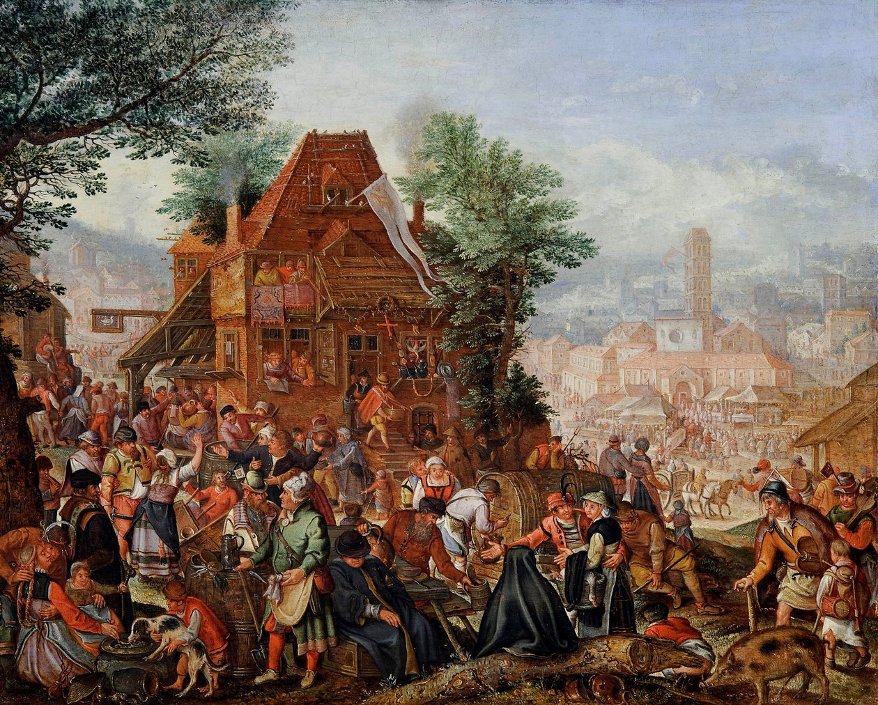 Pieter Stevens II:n (Stephani Petrus) maalaus ""Kyläjuhla kirkon pyhittämiseksi"" (juhla kirkon vihkimisen vuosipäivänä) (noin 1567-1624 jälkeen) tekijältä Pieter Stevens