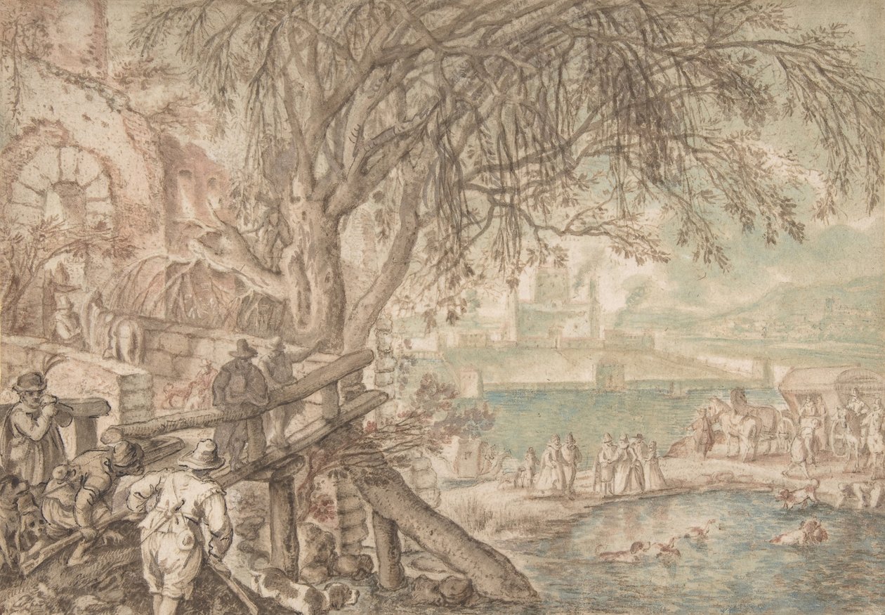 Metsästäjät ja yritys tarkkailevat koiria hakemassa ankkoja lammikosta Huhtikuu, c1610-20. tekijältä Pieter Stevens