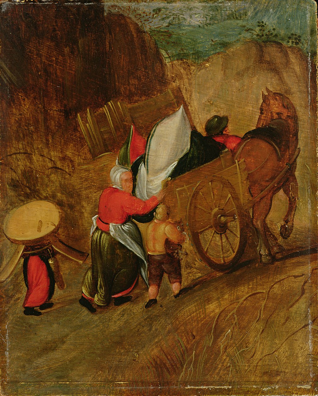 Maisema, talonpojat, hevonen ja kärryt, 1600-luvun alku (öljy paneelille) tekijältä Pieter Stevens