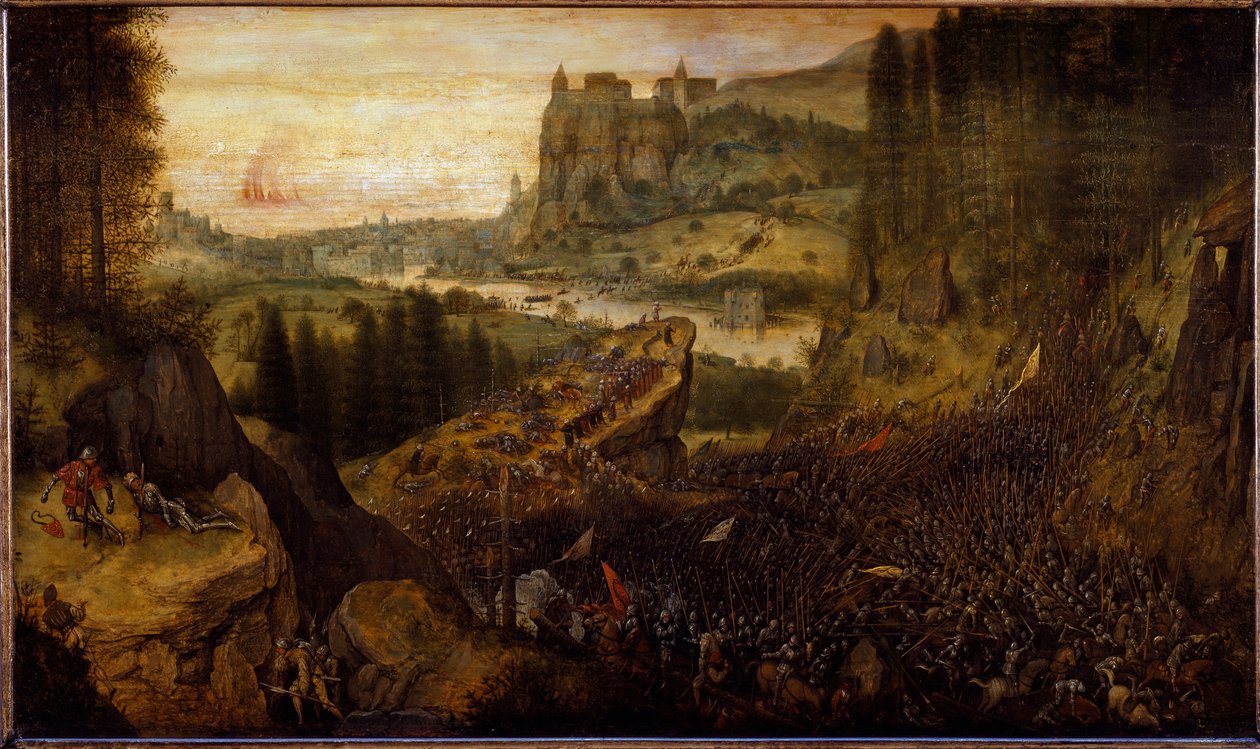 Taistelu filistealaisten ja israelilaisten välillä: Saul ja hänen maaherransa heitetään miekkaansa. (maalaus tekijältä Pieter Bruegel the Elder