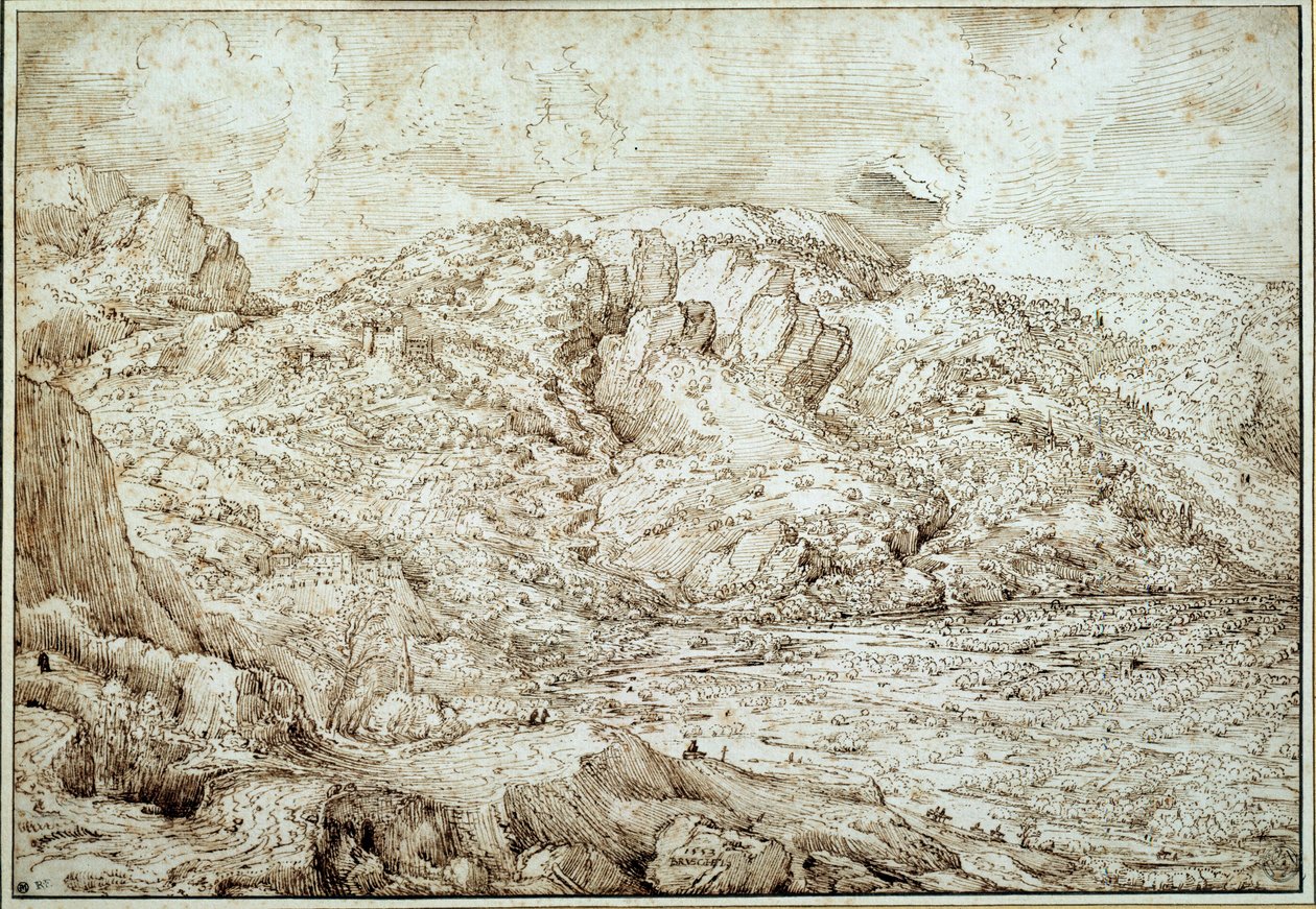 Alppien maisema. Piirustus Pieter Brueghel Dit Vanha mies (1525-1569) Ec. Flam. tekijältä Pieter Bruegel the Elder