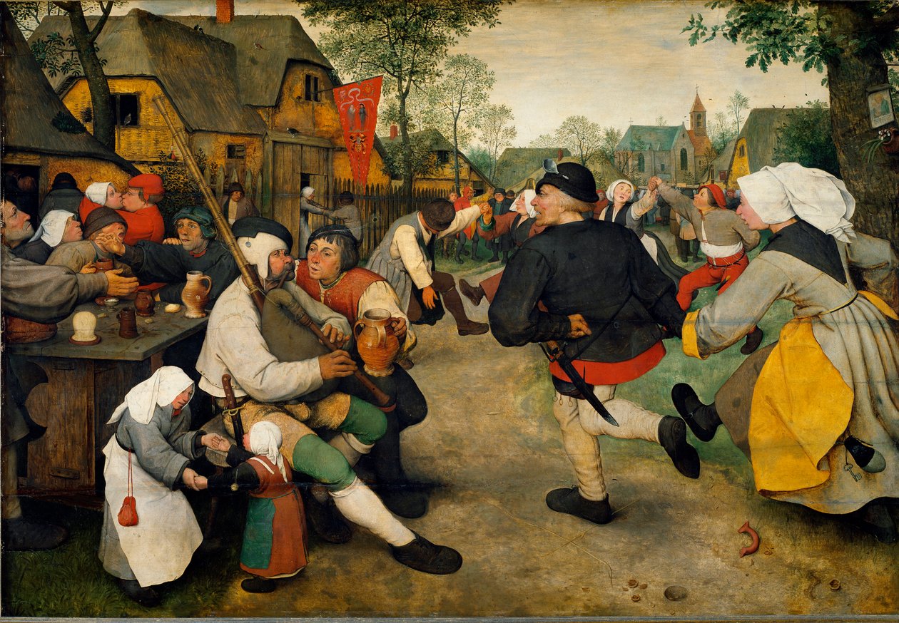 Talonpoikatanssi Mies soittaa säkkipilliä alkoholistin rinnalla. Heidän takanaan lipun kanssa on bordelli, kun kyläläiset tanssivat ja pitävät hauskaa. Pieter Bruegelin maalaus nimeltä vanhin (tai Pierre Breugel tai Peter Brueghel tai Breughel tekijältä Pieter Bruegel the Elder