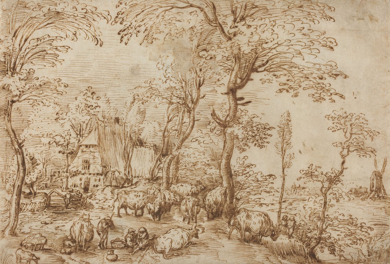 Talonpoikia ja karjaa maalaistalon lähellä, noin 1553-54 (kynä ja ruskea muste paperille). tekijältä Pieter Bruegel the Elder