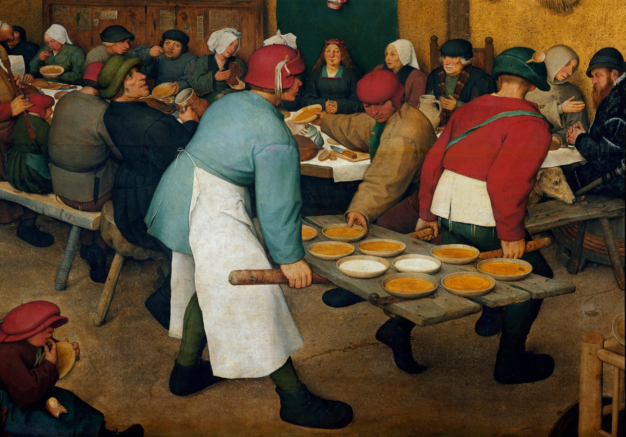 Kuherruskuukauden yksityiskohta. Lautaset tarjottimella. Pieter Bruegelin (tai Bruegelin tai Brueghelin tai Brueghelin) maalaus sanoi entisen (1525-1569) tekijältä Pieter Bruegel the Elder