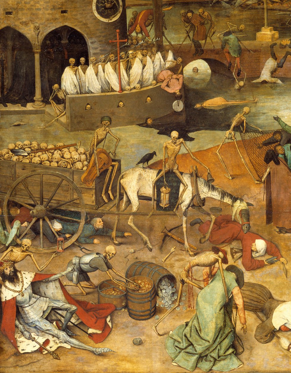 Kuoleman voitto Kuolema vetää kärryn ruumiista. Soturien ja kuninkaiden ruumiit makaavat maassa. Pieter Bruegelin (tai Breugelin tai Brueghelin tai Breughelin) maalaus entisen (1525-1569) 1500-luvun su. 117x162 cm Musee du Prado, Madrid tekijältä Pieter Bruegel the Elder