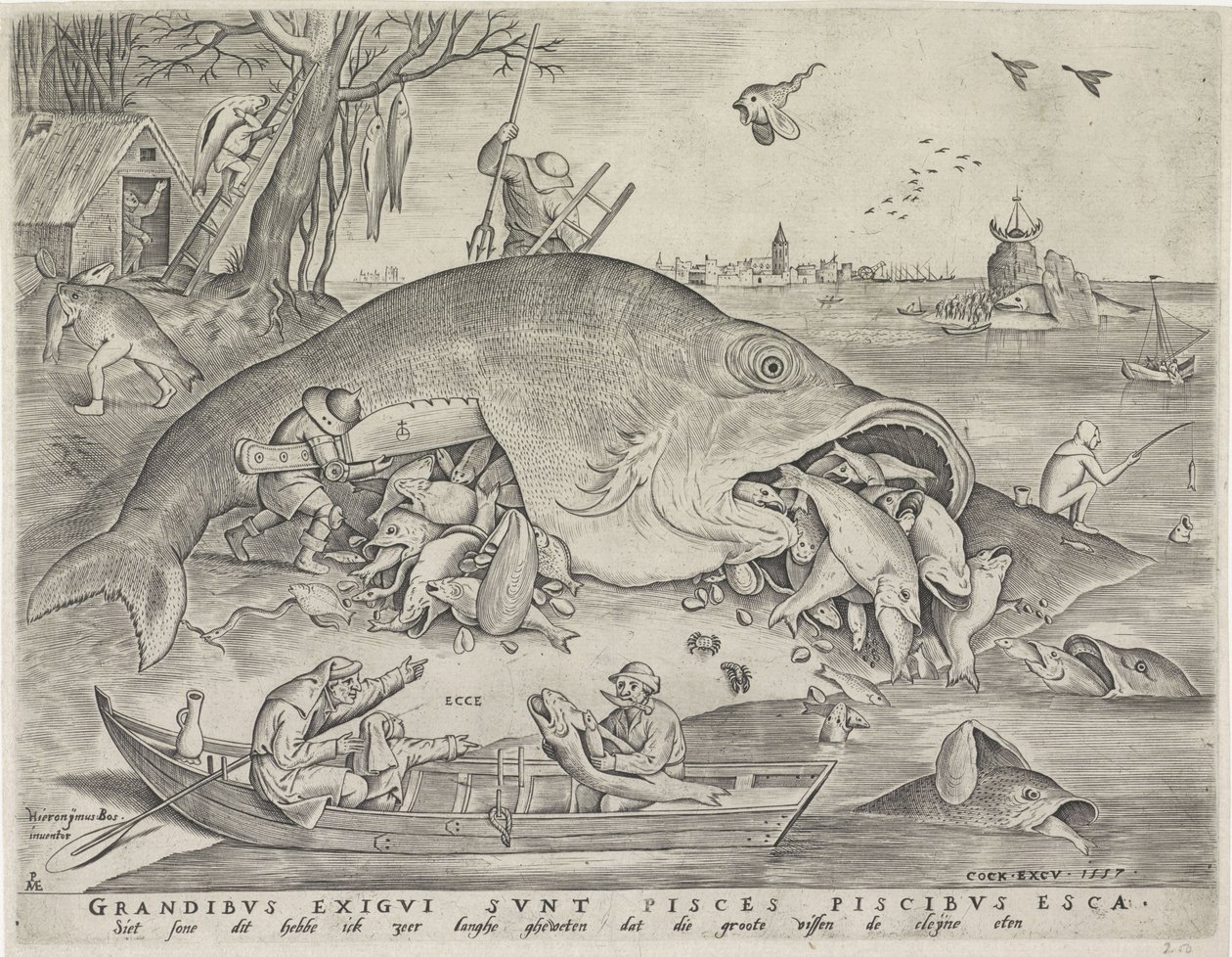 Isot kalat syövät pienet kalat, kaiverrus Pieter van der Heyden, 1557 tekijältä Pieter The Elder after Brueghel