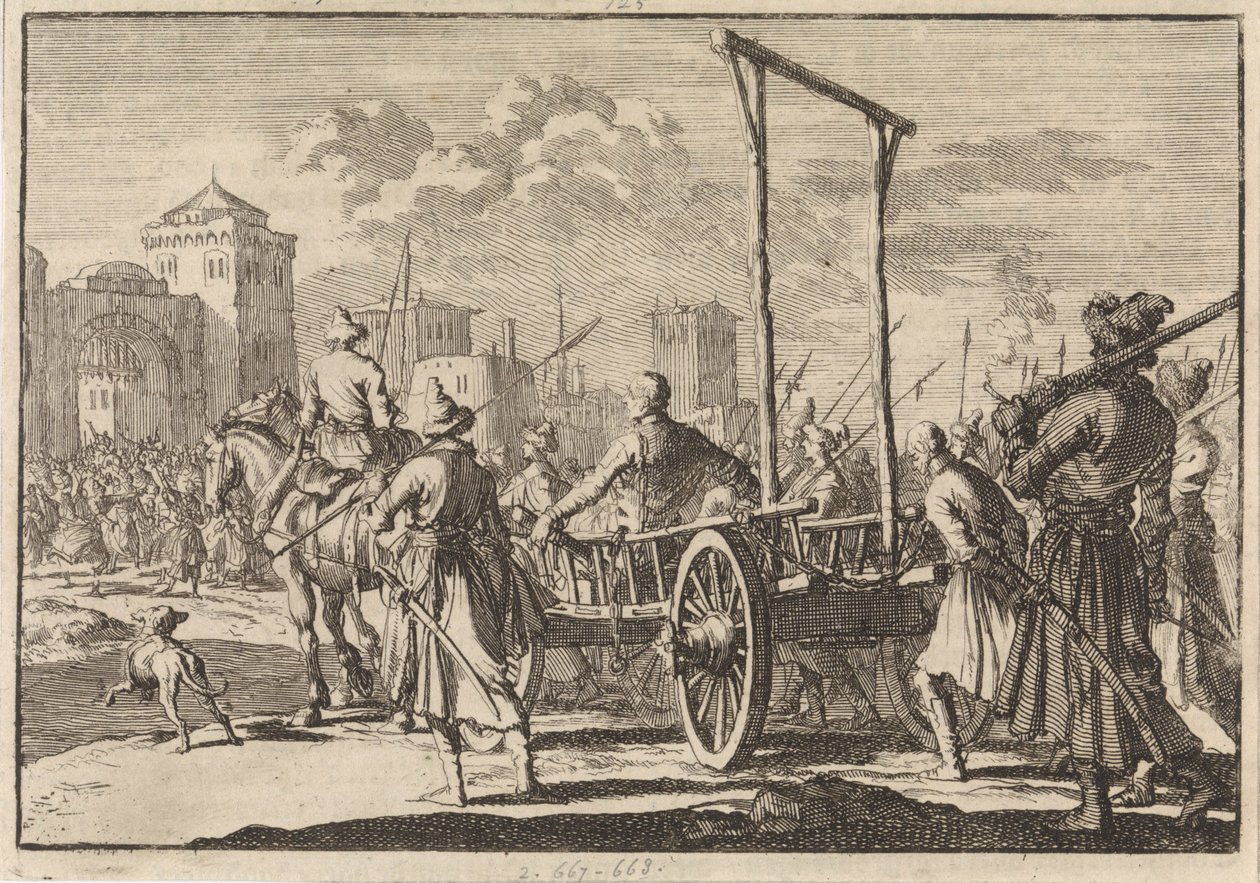 Stepan Razinin ja hänen veljensä Frolin saapuminen rautahäkissä Moskovaan, 1671, 1698 tekijältä Pieter Van der Aa