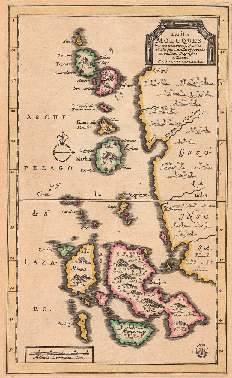 Kartta Molukkasaarista (nykyinen Indonesia), noin 1707 (värillinen kaiverrus). tekijältä Pieter Van der Aa