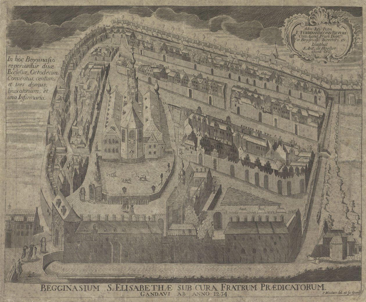 Gezicht op het Sint-Elisabethbegijnhof en de Sint-Elisabethkerk te Gent Pyhän Elisabetin begginasium Gentin saarnaajien hoidossa vuodelta 1234 (otsikko esineessä) tekijältä Pieter Wauters
