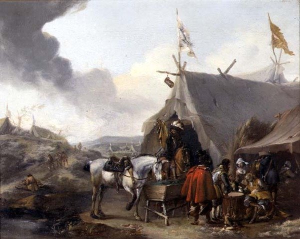 Ratsuväkijoukot sotilasleirillä tekijältä Pieter Wouwermans or Wouwerman
