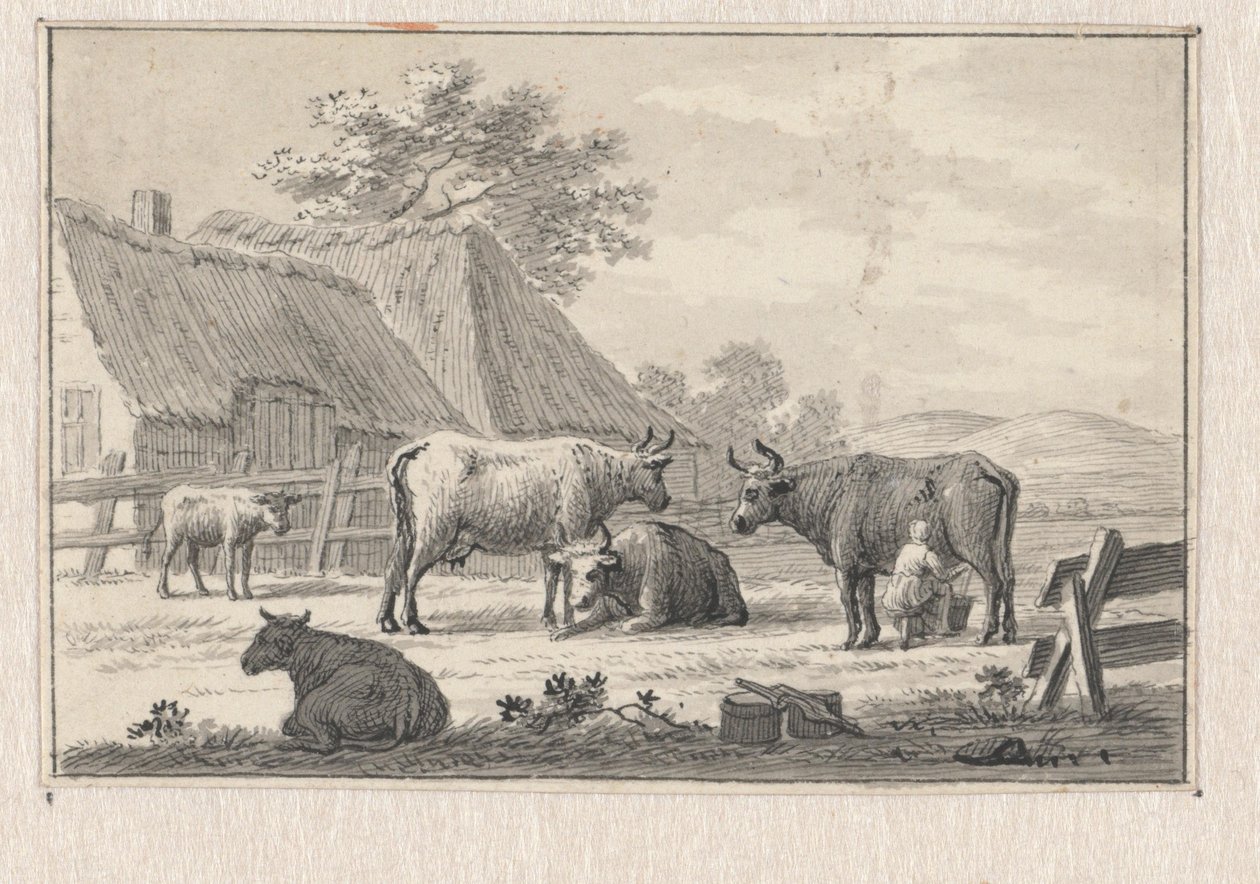 Maatilan piha, jossa on lypsävä tyttö tekijältä Pieter de Goeje