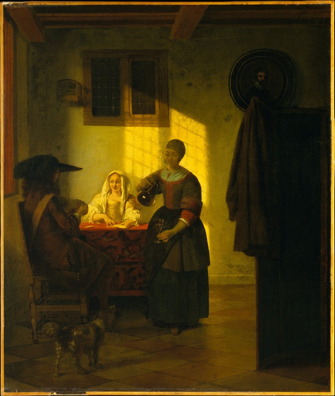 Ein Paar beim Kartenspiel mit einer Dienerin tekijältä Pieter de Hooch