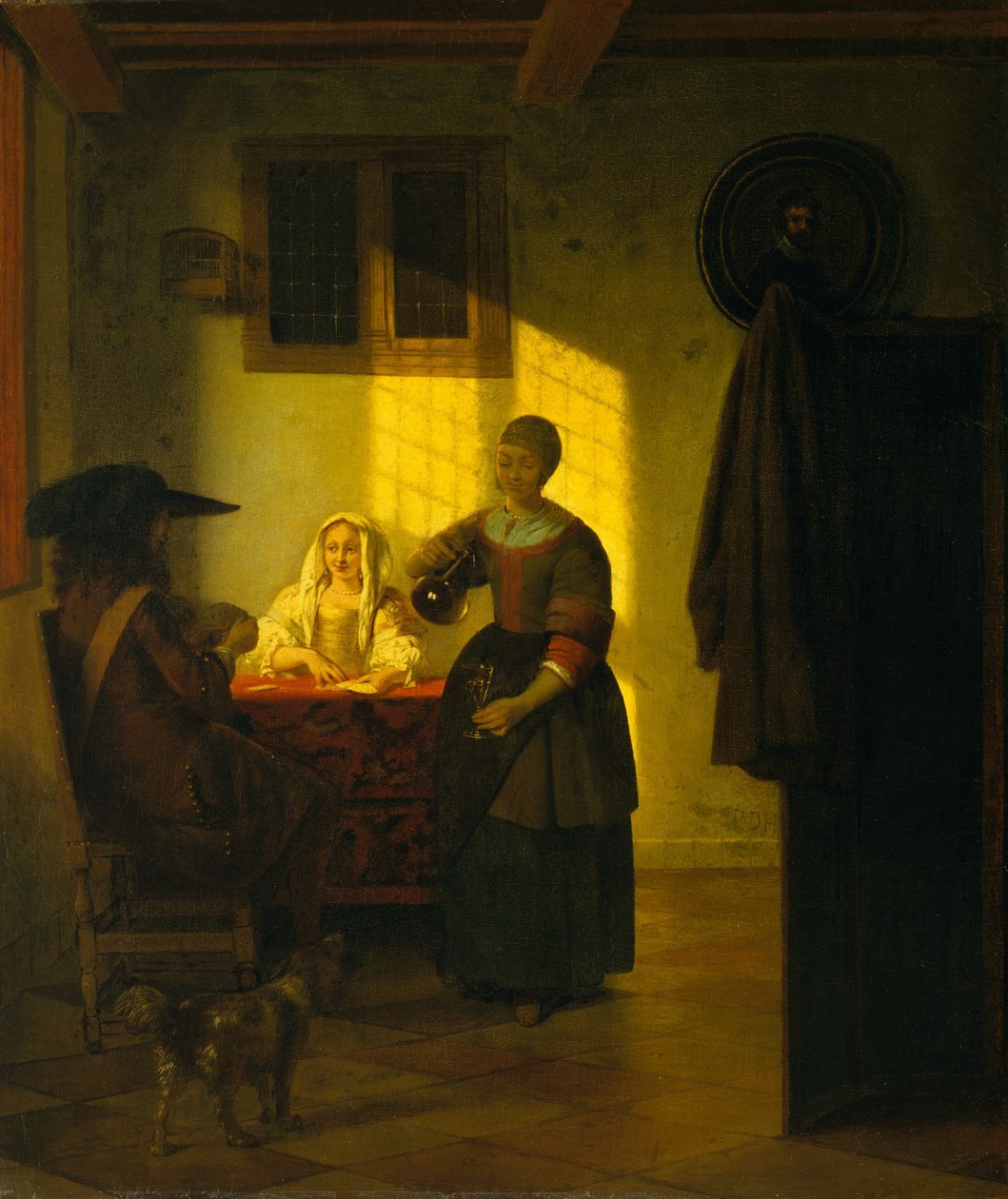 Pari pelikorttia palvelevan naisen kanssa, n. 1665-75. tekijältä Pieter de Hooch