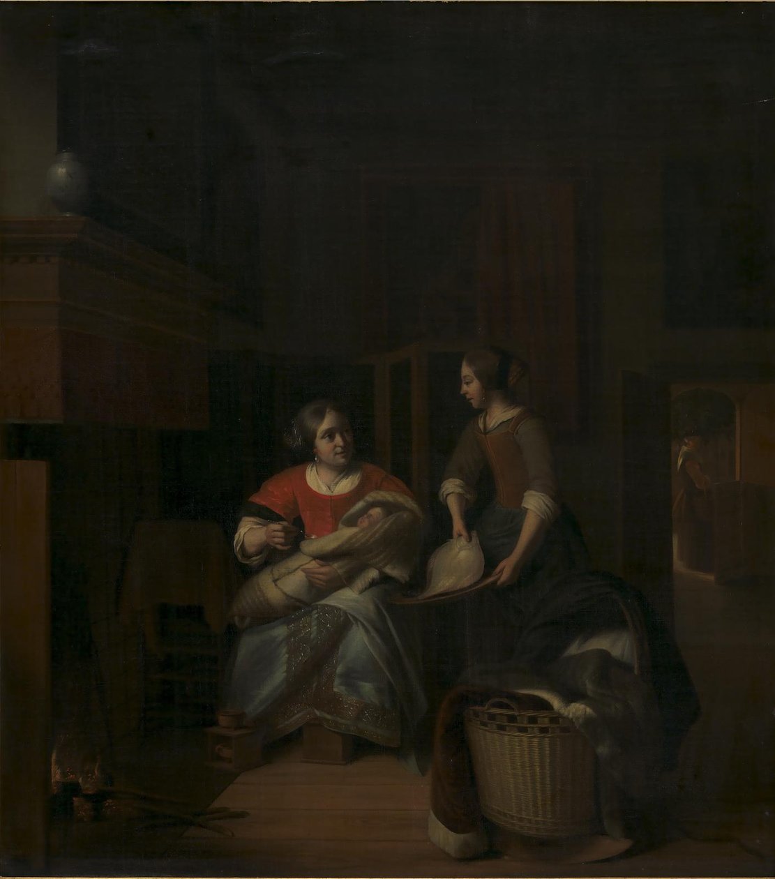 Kotiäiti opastamassa piikaansa tekijältä Pieter de Hooch