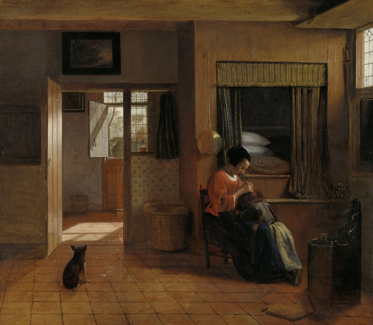 Äiti, joka tuhoaa lapsensa hiuksia, tunnetaan nimellä "Äidin velvollisuus", n. 1658-60 tekijältä Pieter de Hooch