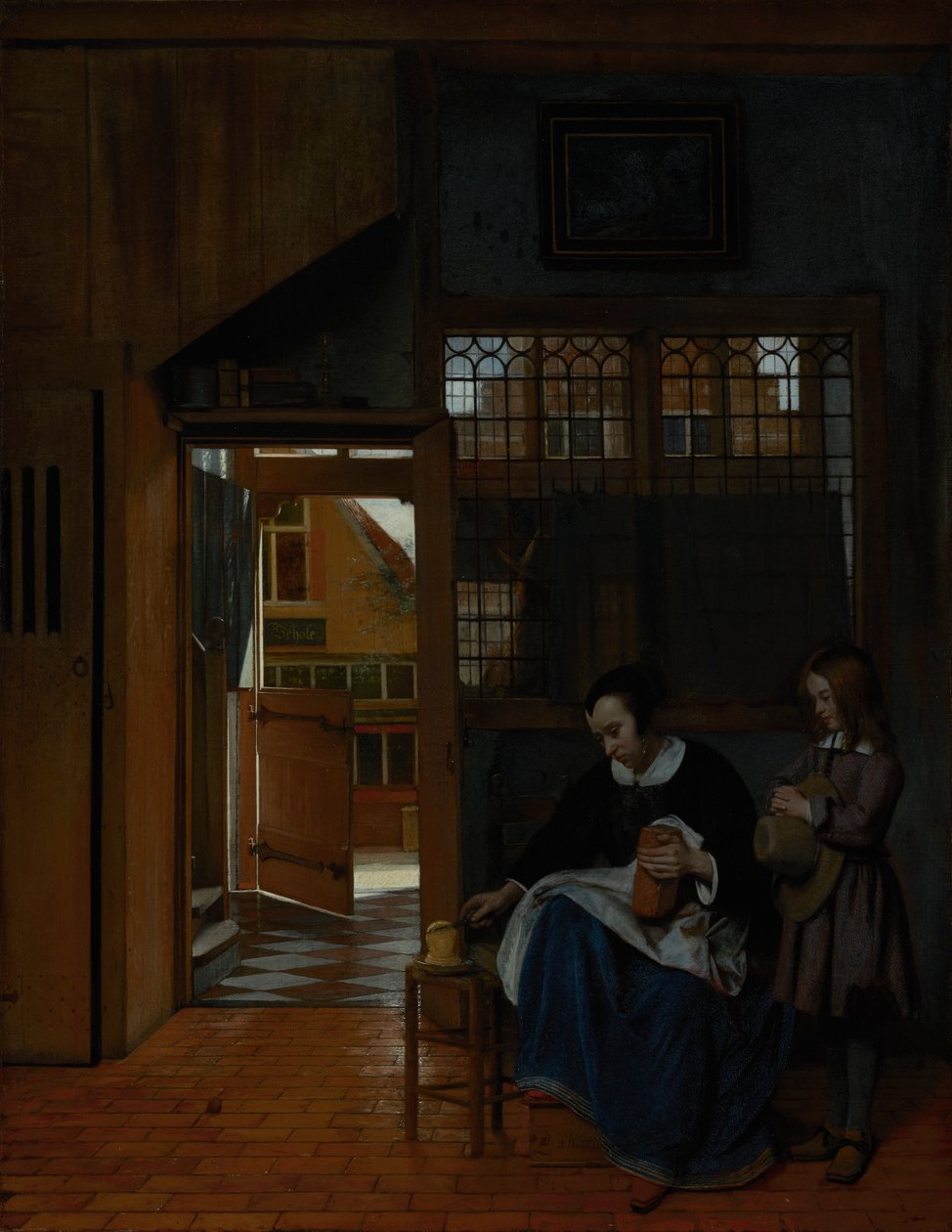 Nainen valmistamassa leipää ja voita pojalle, n. 1660-3 tekijältä Pieter de Hooch