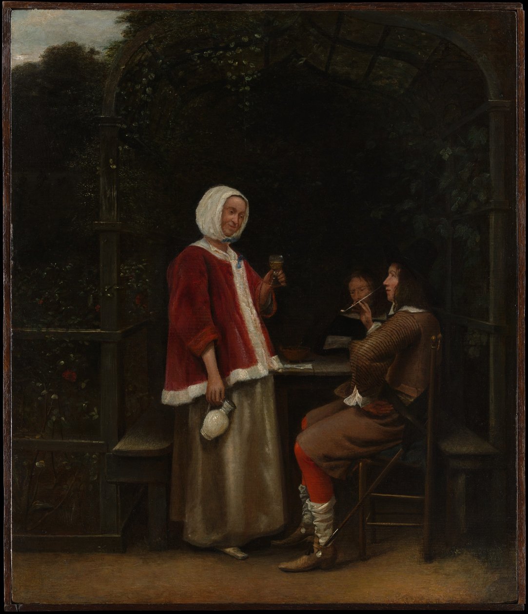 Nainen ja kaksi miestä lehtimajassa tekijältä Pieter de Hooch