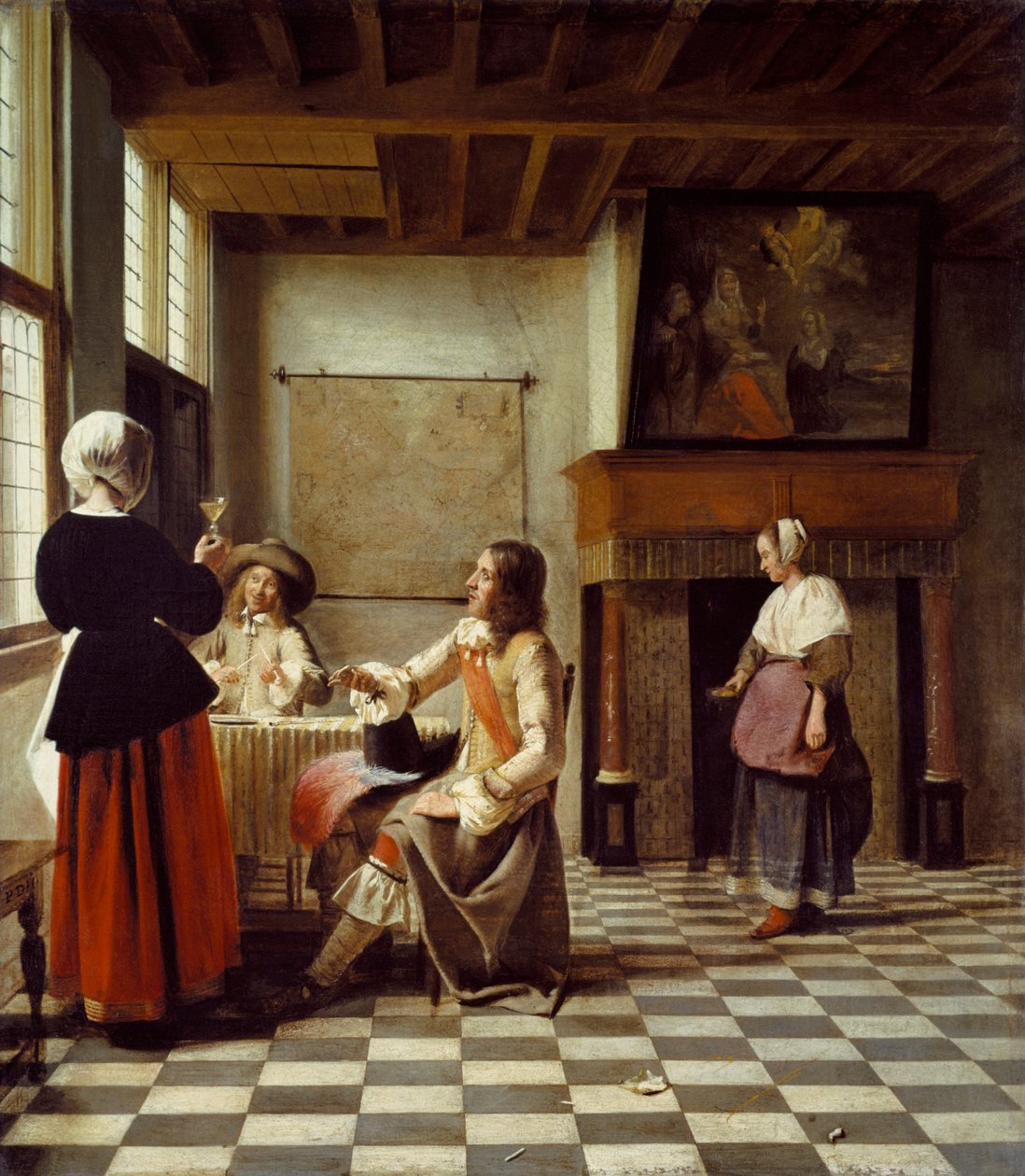 Sisustus, jossa nainen juo kahden miehen kanssa ja palvelija tekijältä Pieter de Hooch