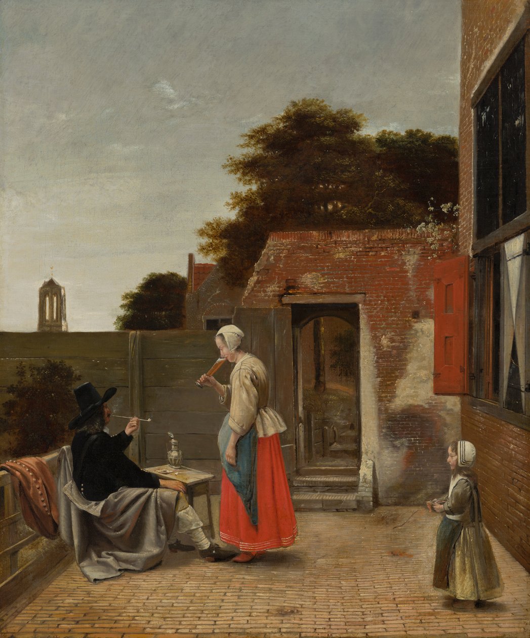 Sisäpiha, jolla mies tupakoi ja nainen juo tekijältä Pieter de Hooch