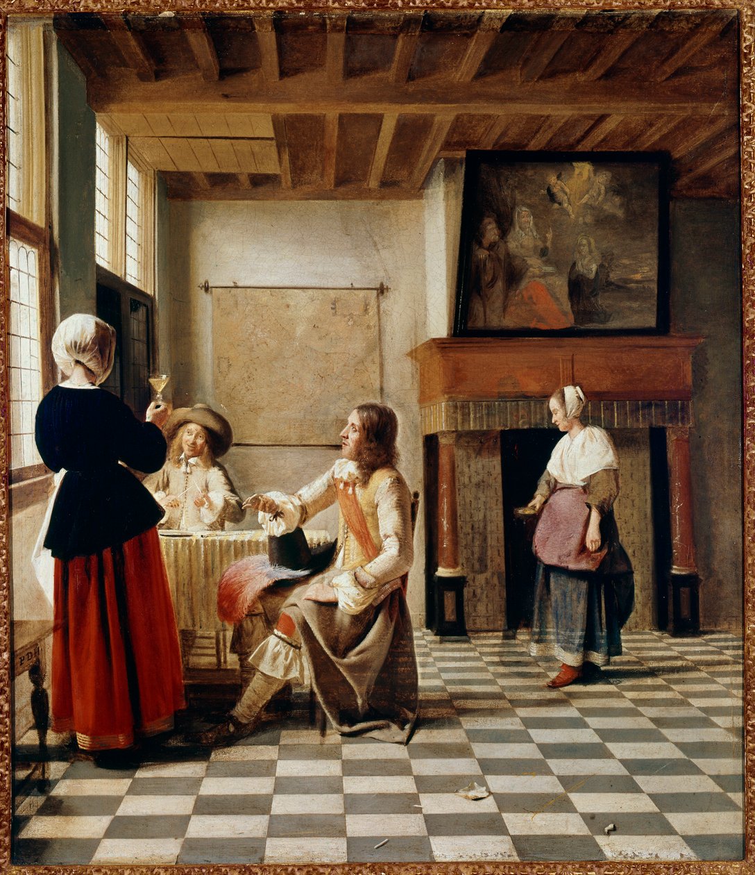 Hollantilainen Interieur. Nainen juo kahden mukavan miehen kanssa (öljy kankaalle, noin 1658) tekijältä Pieter de Hooch