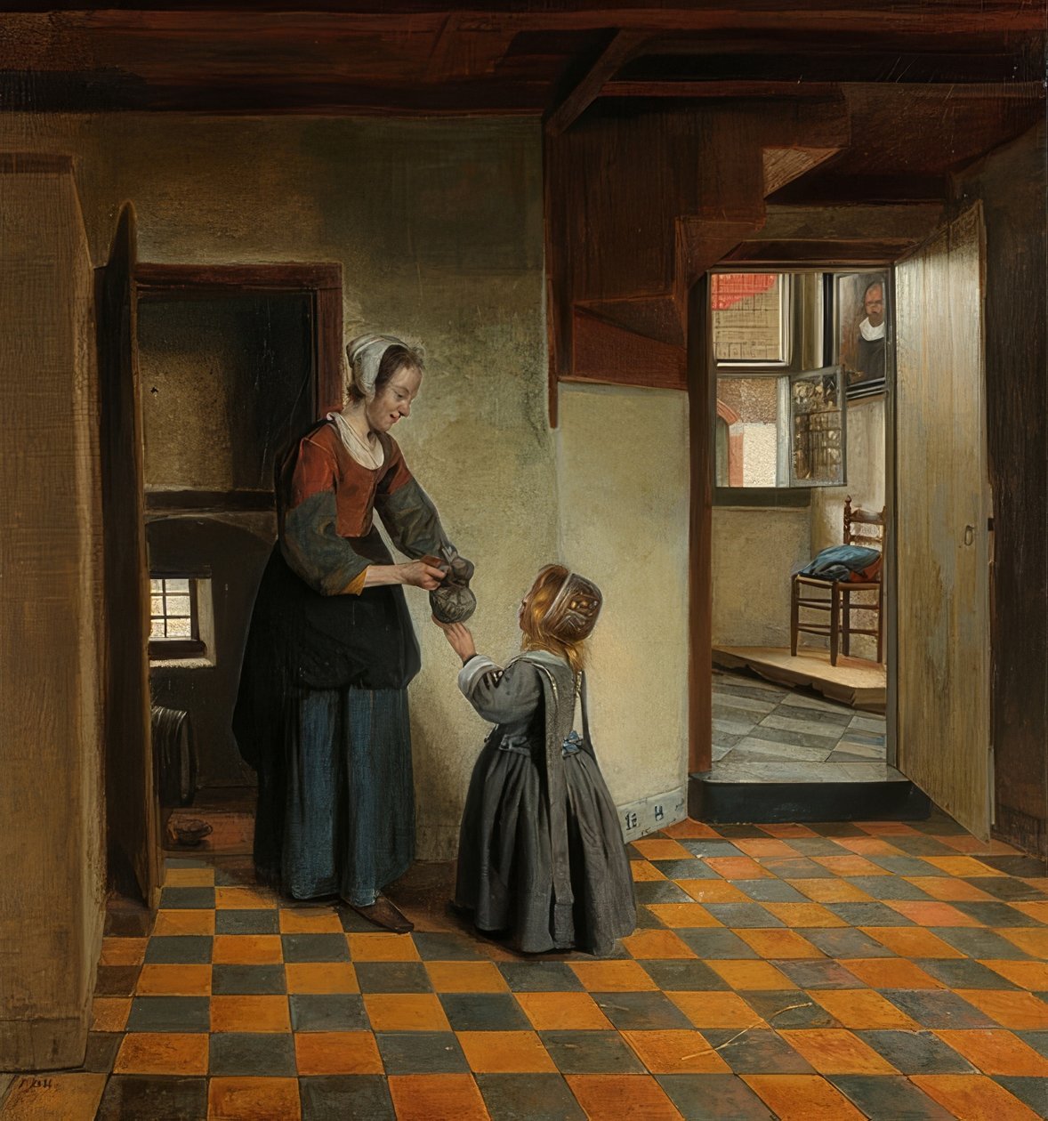 Nainen lapsen kanssa ruokakomerossa. Noin 1656-60 tekijältä Pieter de Hooch
