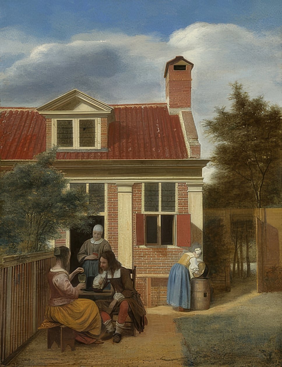 Yhteiskunta pihalla talon takana. Noin 1663-65 tekijältä Pieter de Hooch