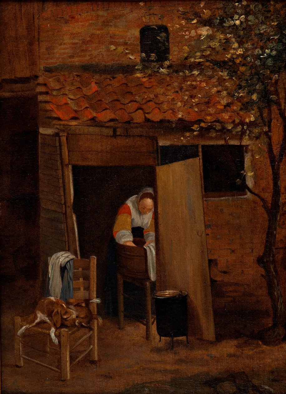 Tyttö pesemässä vaatteita Zwollen pihalla, vuoden 1653 jälkeen (öljy kankaalle). tekijältä Pieter de Hooch