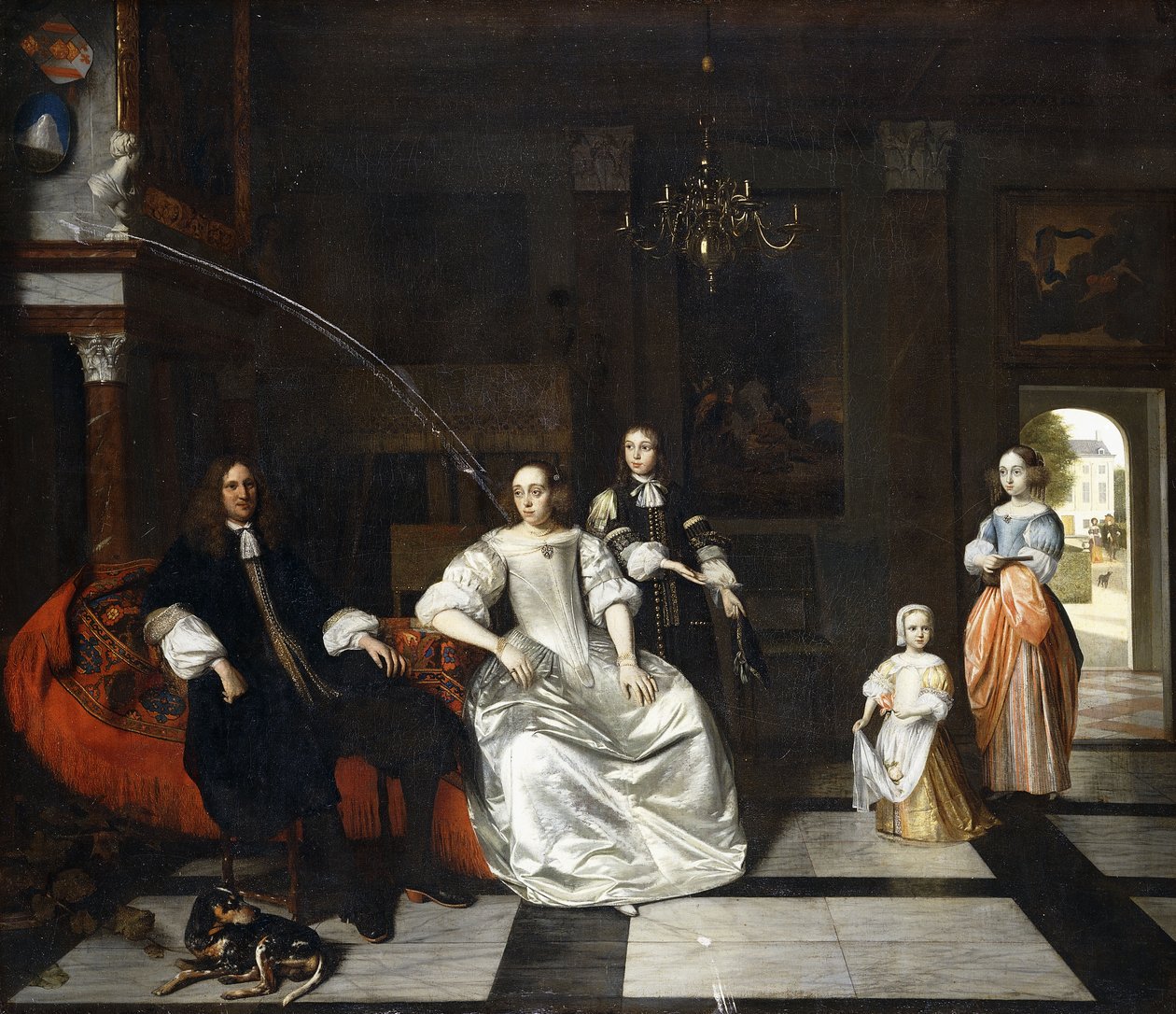 Ryhmämuotokuva Jacott-Hoppesackin perheestä koiran kanssa ylellisessä klassisessa sisustuksessa, rouva ja herrasmies kävelemässä puistossa oven takana, tekijältä Pieter de Hooch