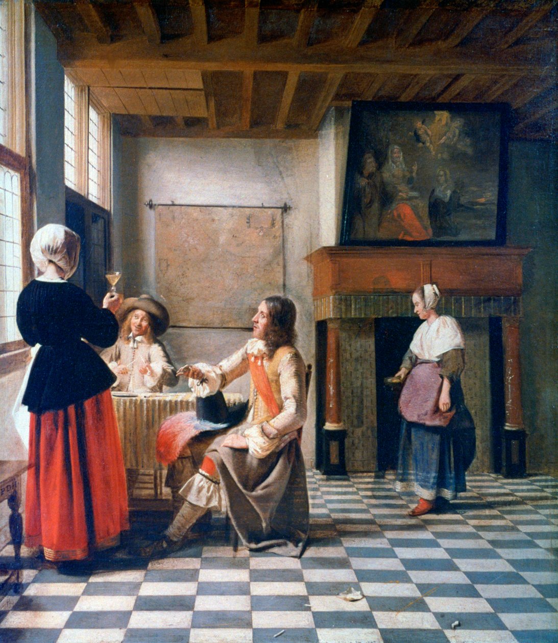 Sisustus, Nainen juomassa kahden miehen kanssa ja palvelijatar, c1658 tekijältä Pieter de Hooch