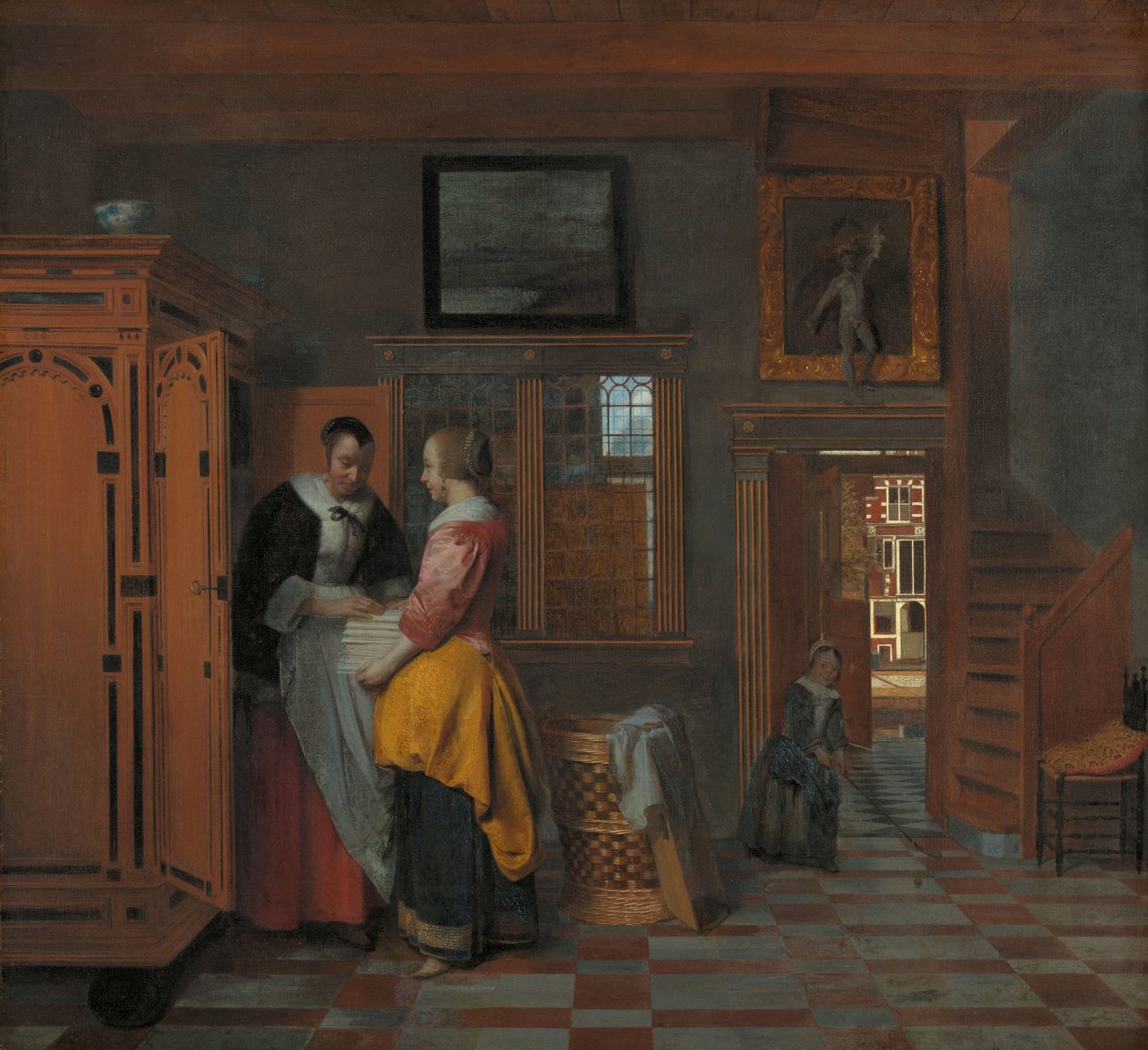 Sisustus naisten kanssa pellavakaapin vieressä Sisustus naisilla pellavaarkun vieressä tekijältä Pieter de Hooch