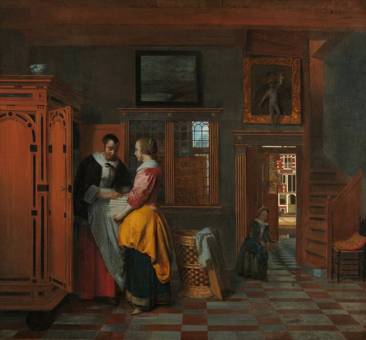 Sisustus naisten kanssa pellavakaapin vieressä tekijältä Pieter de Hooch