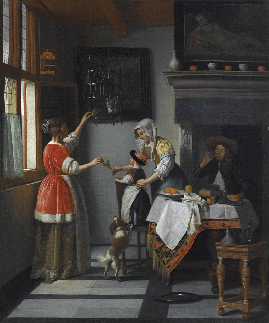 Sisustus, jossa lapsi ruokkii papukaijaa par Hooch, Pieter, de tekijältä Pieter de Hooch
