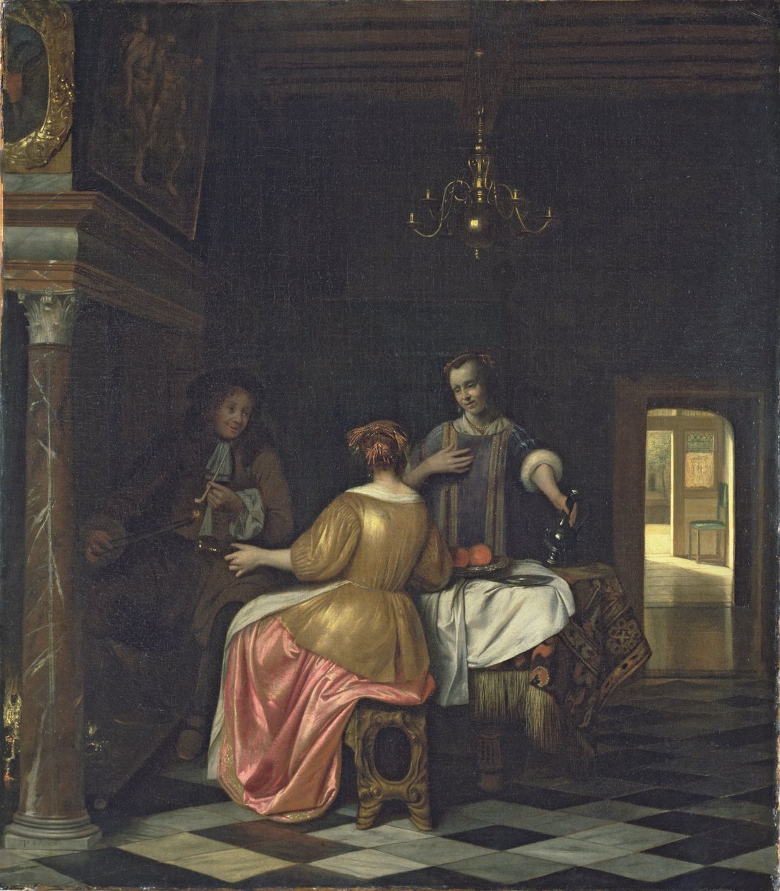 Sisustus, jossa herrasmies ja kaksi naista keskustelevat, n. 1668-70 (öljy kankaalle) tekijältä Pieter de Hooch