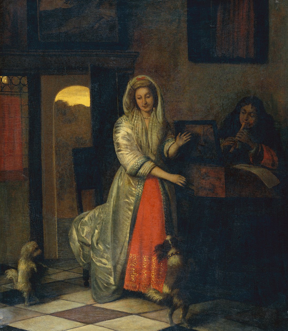 Lady ja herrasmies tekevät musiikkia tanssivien koirien kanssa tekijältä Pieter de Hooch