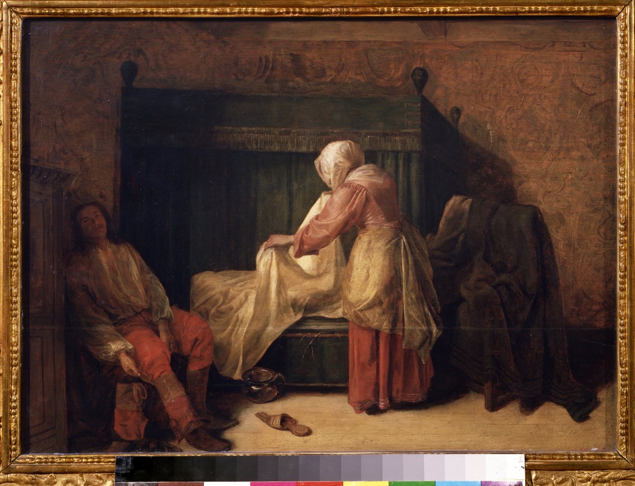 ""Nuoren miehen aamu"" (The Morning of a Young Man) Nuori mies valmistautuu heräämään, kun piika petaa sängyn. Lattialla tohveli ja kammioastia. Pieter de Hoochin (1629-1684) maalaus 1655-1657 Pushkin-museo, Moskova tekijältä Pieter de Hooch