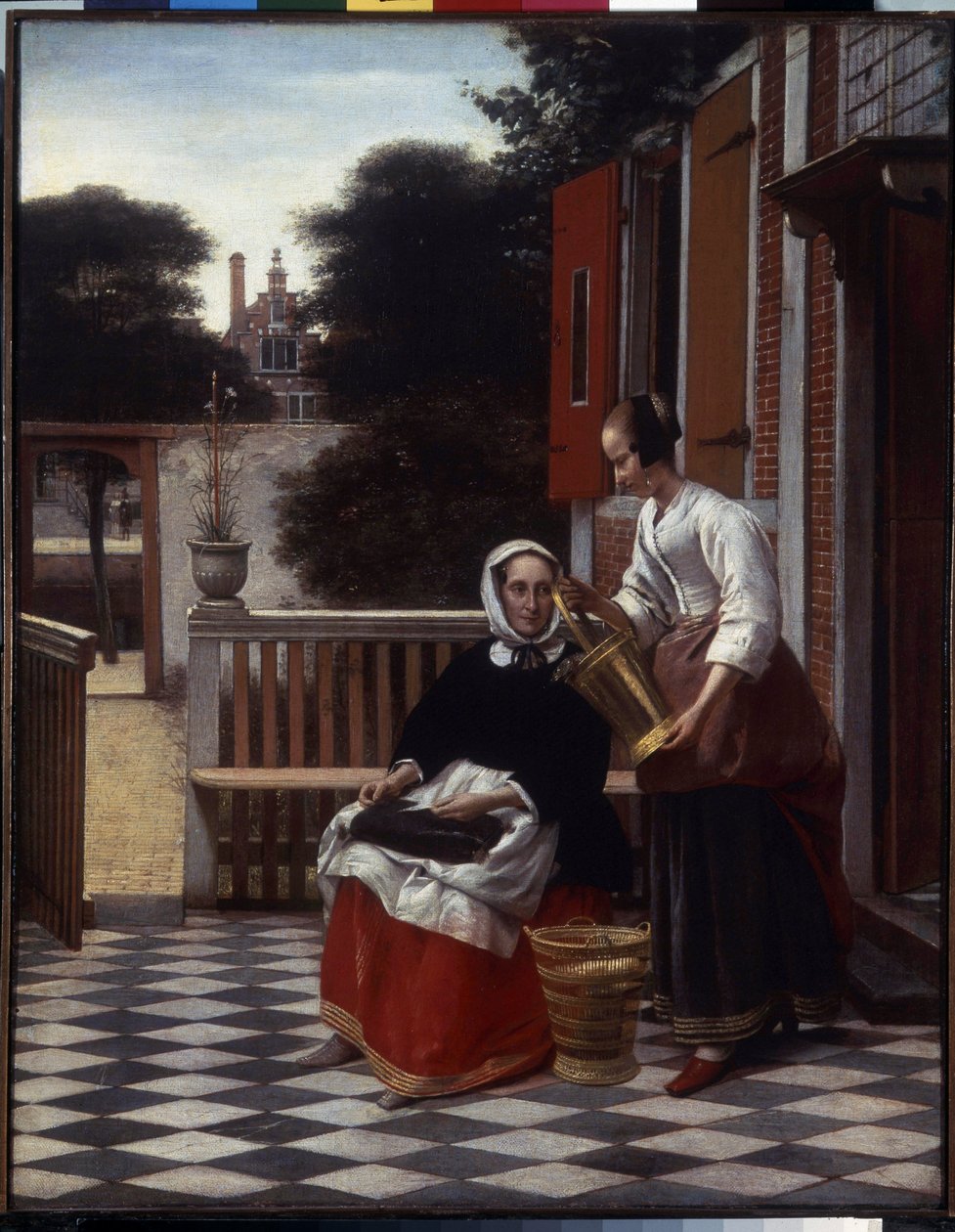 Emäntä ja hänen palvelijansa. (A emäntä ja hänen piika). Talon emäntä terassilla ompelun parissa katselee palvelijansa työtä. Pieter de Hoochin (1629-1684) maalaus tekijältä Pieter de Hooch